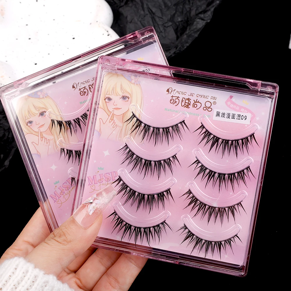 4Pairs Natural Manga False Eyelashes Reusable Transparent Black Stem Eyelash Cosplay Korean Fashion Wispy Extension Makeup Tools