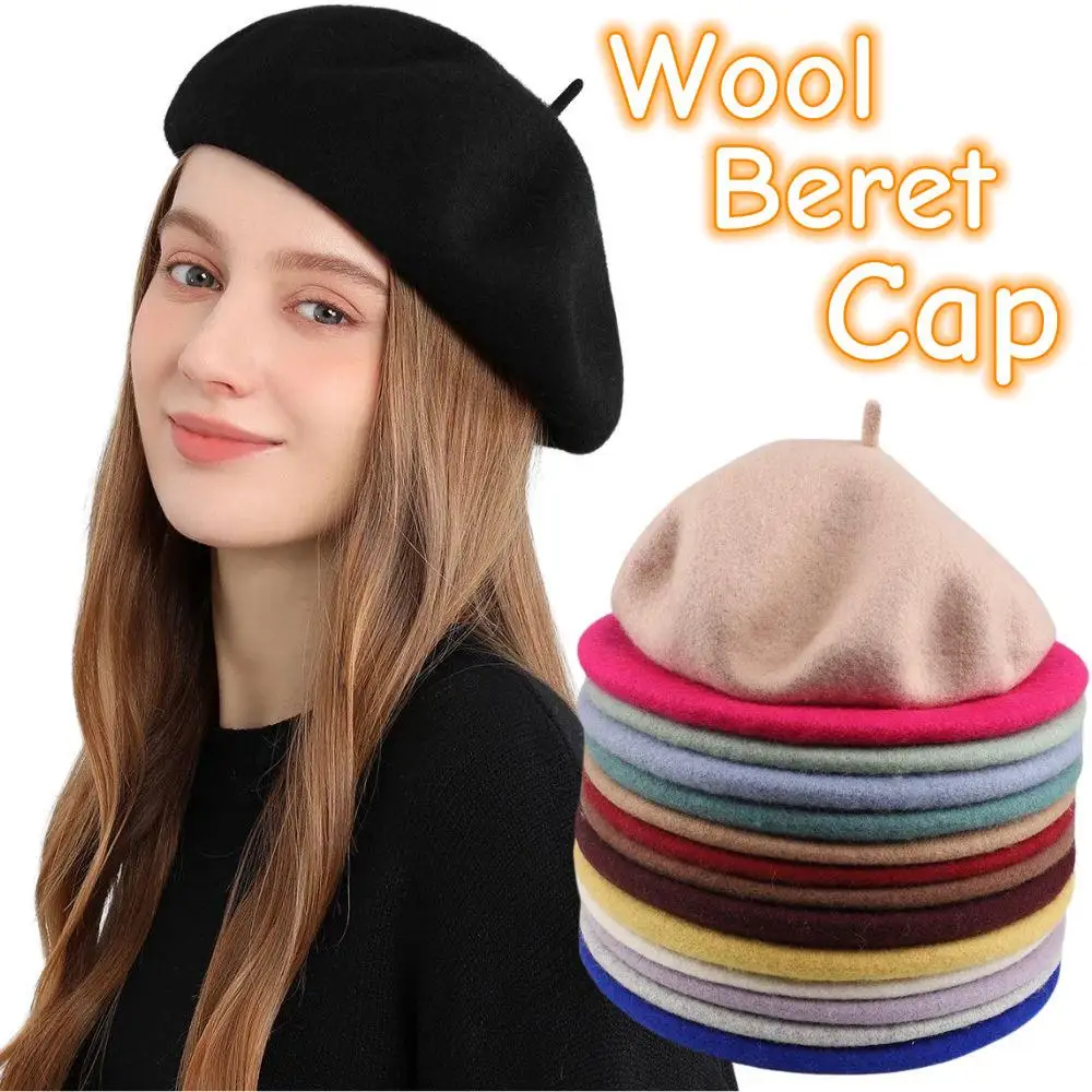 

Women's Warm Wool Beret Hat Retro Casual Wool Beret Fashion Solid Black Pink Beanie Hat French Artist Hat Winter Hats For Women