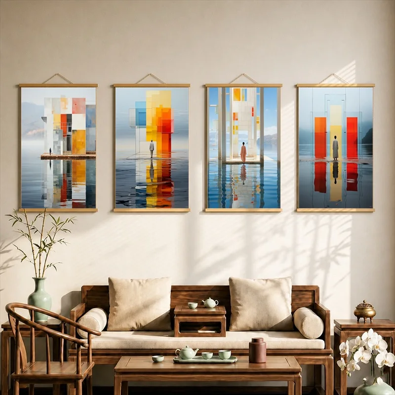 Mondrian Geometric Abstract Canvas Wall Art Hanging Scroll Color Block Modern Print with Wooden Rods for Living Room