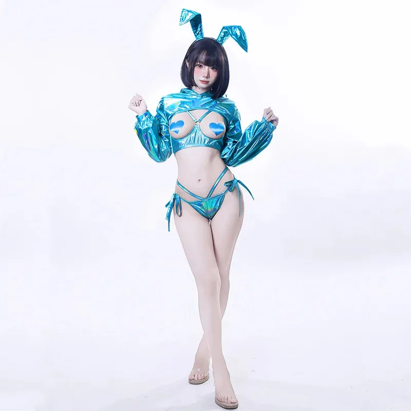 

Косплей @ аниме, милые костюмы кролика для девочек, женские сексуальные лазерные кожаные боди с капюшоном, кавайная униформа с кроличьими ушками, комплект бикини Ni