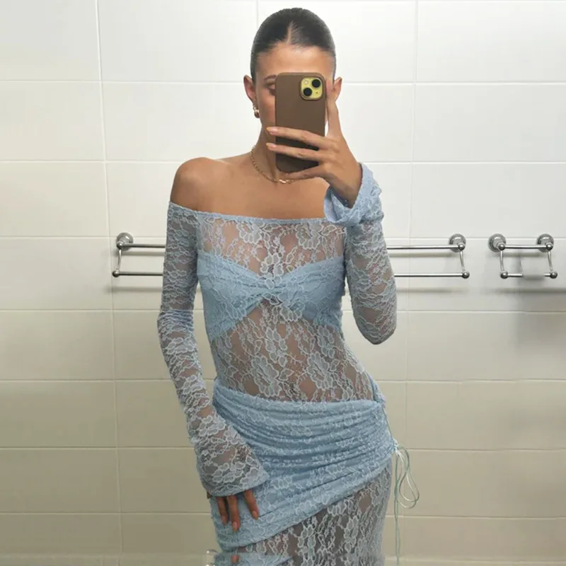 

Talenza Women's Lace Long Dress Fashion Sexy One Shoulder Long Sleeve Patchwork Slim Dress Summer Party Club Holiday Dresses Y2k