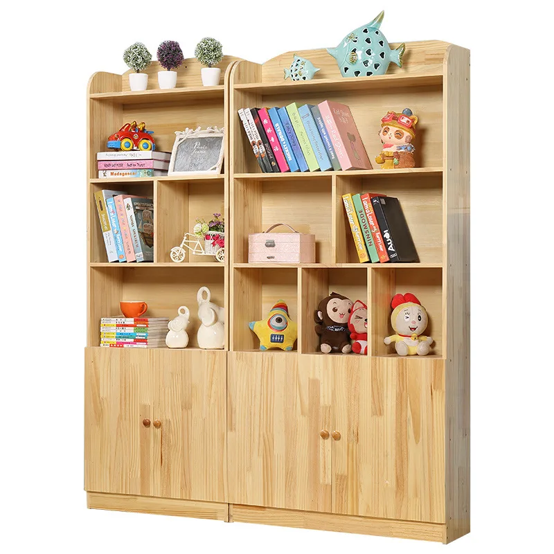 

Pine Children's Bookshelf Simple Bookcase with Door Solid Wood Student Bookcase Simple Modern Locker Shelf Floor