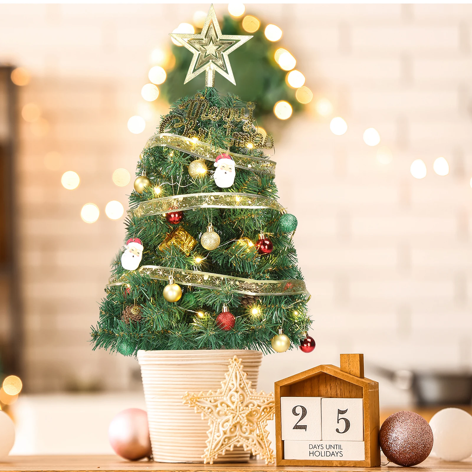 20 in Pre-lit Artificial Mini Christmas Tree, Tabletop Small Xmas Pine Tree with Ornaments and 30 Warm Lights Battery Operated