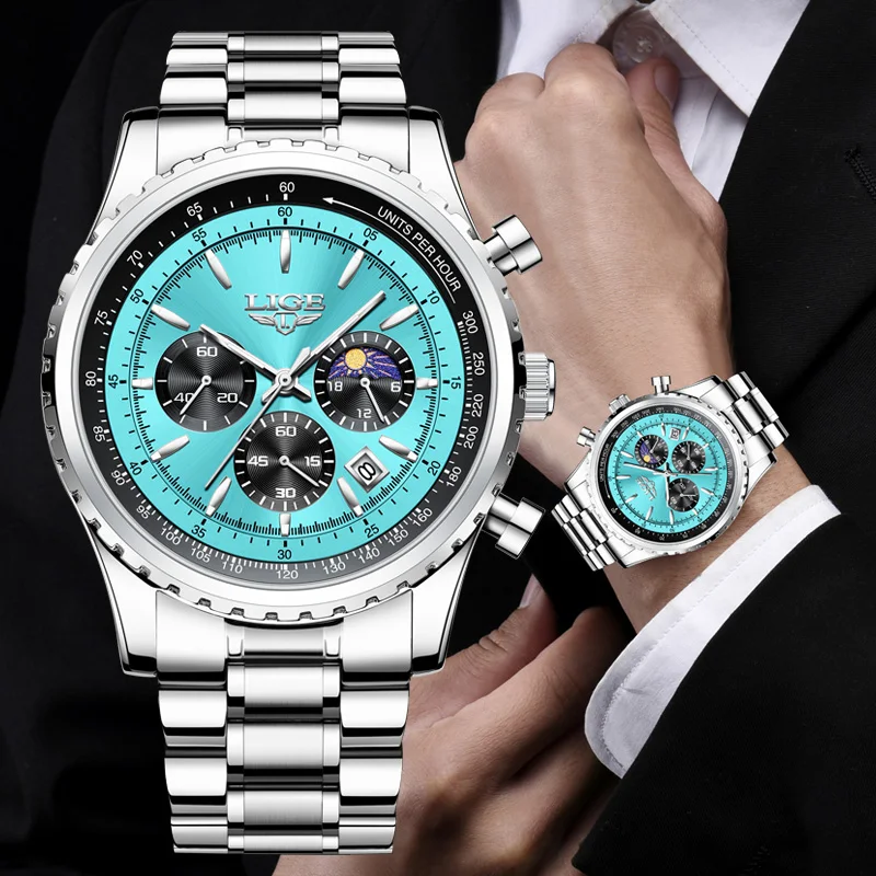 LIGE Top Brand Luxury Mens Watches Quartz Man Watch Waterproof Luminous Watch for Men Date Chronograph Sport Wristwatch+Gift Box