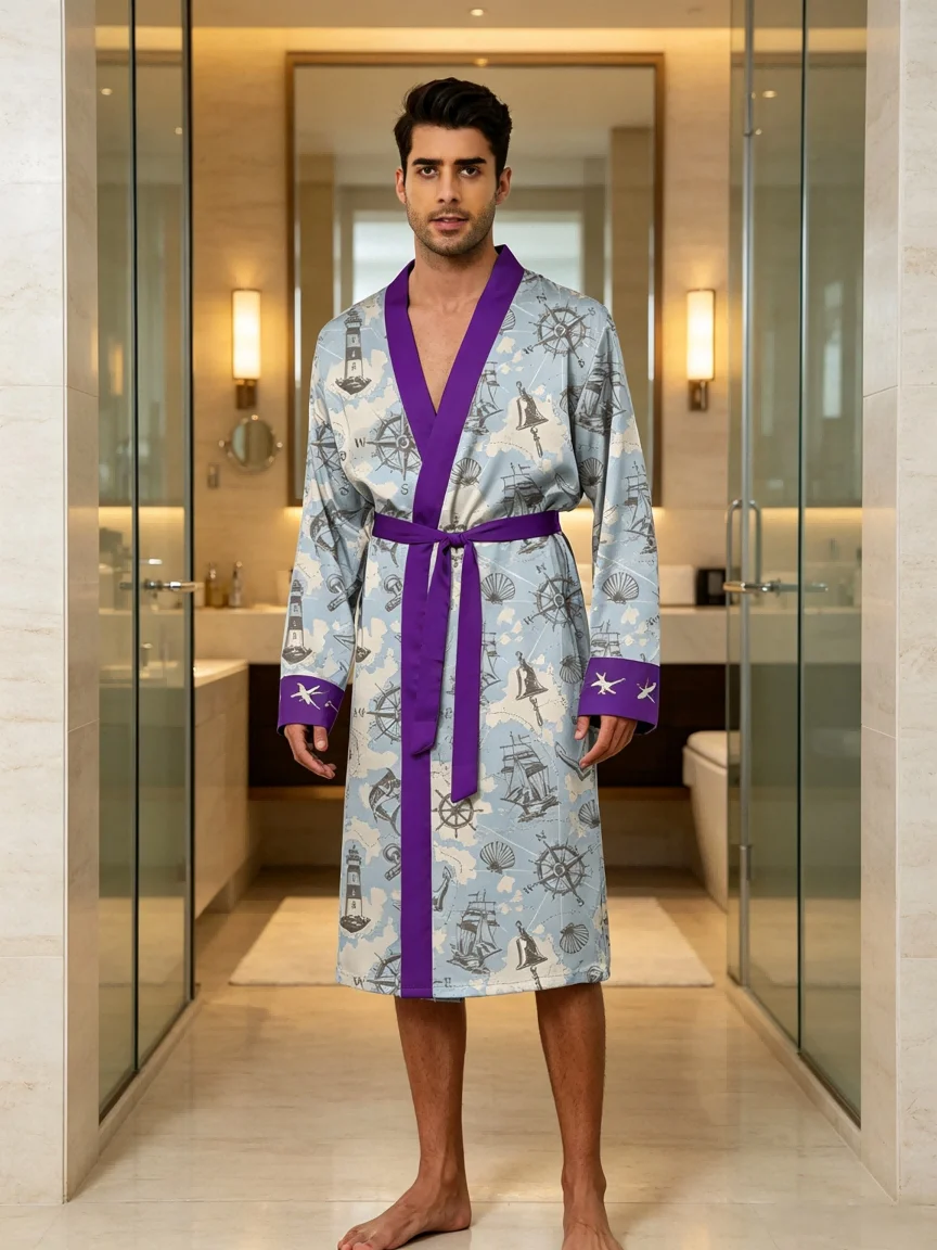 Men's lightweight quick-drying pajama bathrobe - 3D digital printing, non-fading design, stand-up collar and adjustable waistban