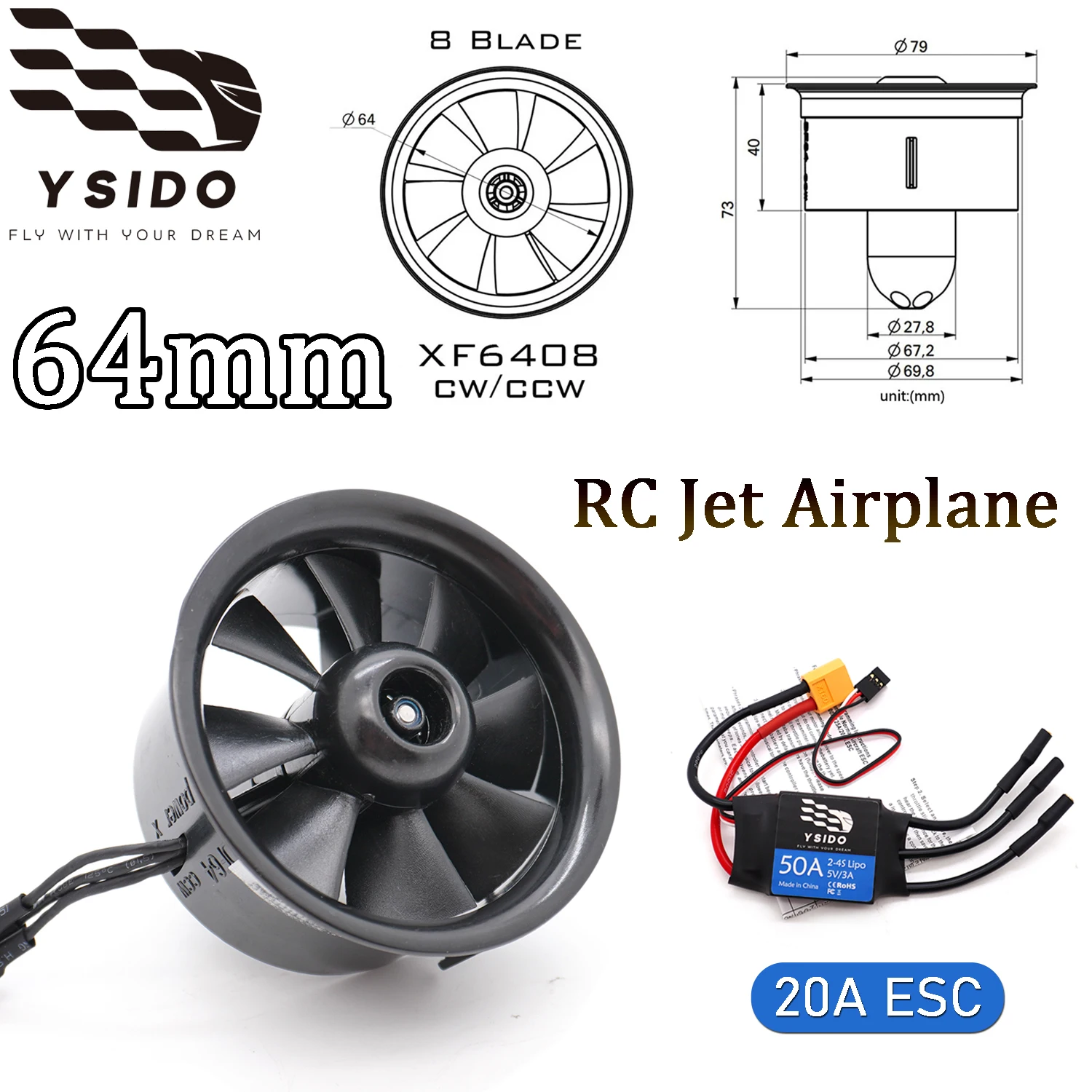 

YSIDO 64 мм 8-лопастной 3300KV EDF CCW вентилятор с канальным пропеллером, 50A ESC, 2-4S комплект для радиоуправляемых моделей самолетов, вертолетов, игрушек и аксессуаров