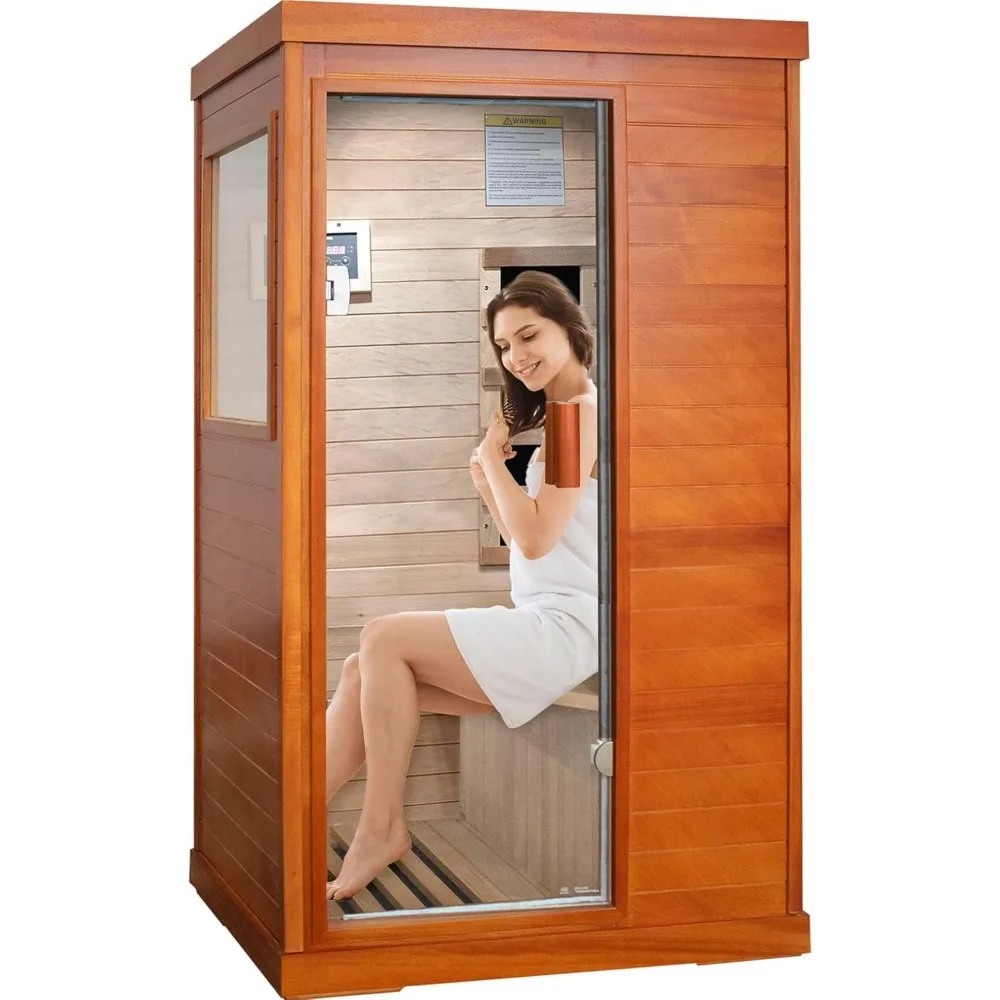 

Sauna, Far Infrared Saunas for Home 1 Person Wood Sauna Okoume 800W/110V Low Emf Dry Sauna Indoor Sauna Room with Tempered Glass