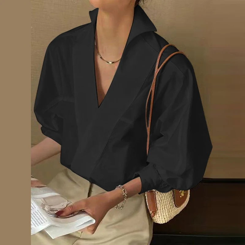 

Women Fashion Blouse Autumn Elegant Office Lady Shirt 2025 Chic Deep V Neck Puff Long Sleeve Tunic Tops Lapel OL Blusas
