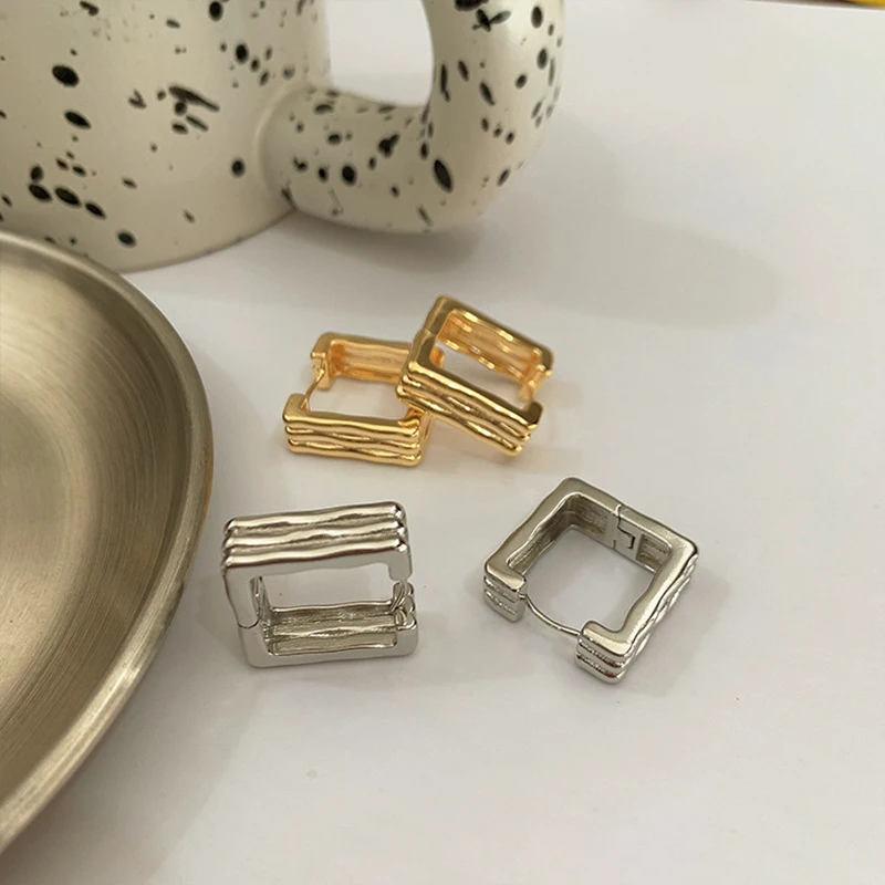 Simple Groove Square Hoop Earring For Woman Texture Minimalist Cheap Drop Earrings Vintage Female Fashion Party Jewelry Gifts