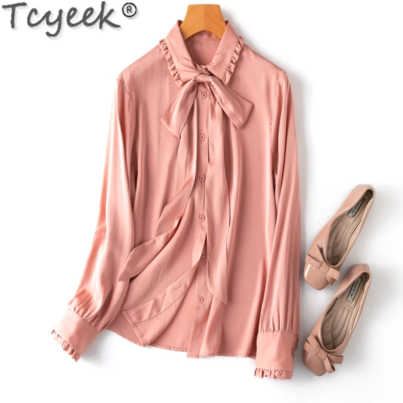 

Tcyeek 20Mm 93% Mulberry Silk Shirt 2024 Elegant Shirts for Women Summer Clothes Women's Long Sleeve Tops Bow Camisa Feminina