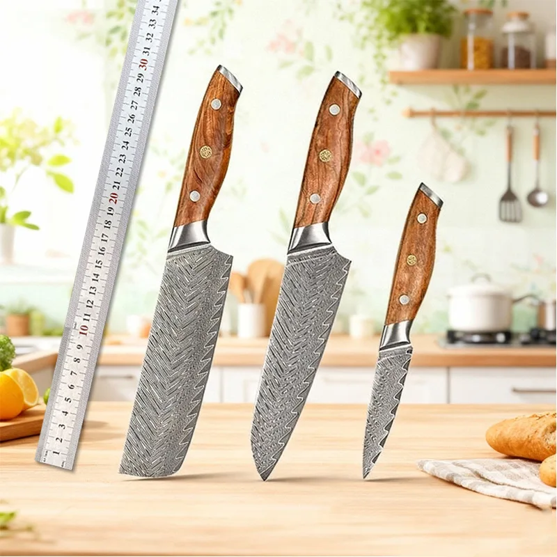 

RHON 3PCS Kitchen Knives Set Damascus Steel Blade Wooden Handle Chefs Meat Cleaver Gyuto Slicing Vegetable Nakiri Cleaver Knife