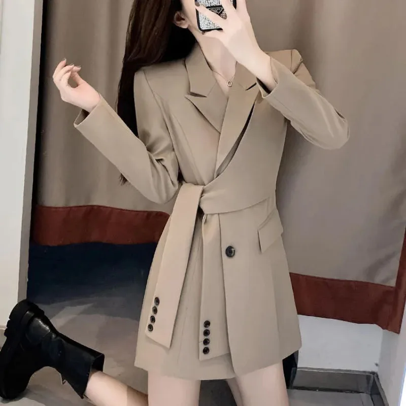 Spring Autumn New Long Sleeve Blazer Dress Women's Outwear Fashion Slim Medium Long Double-breasted Pleated Suit Skirt