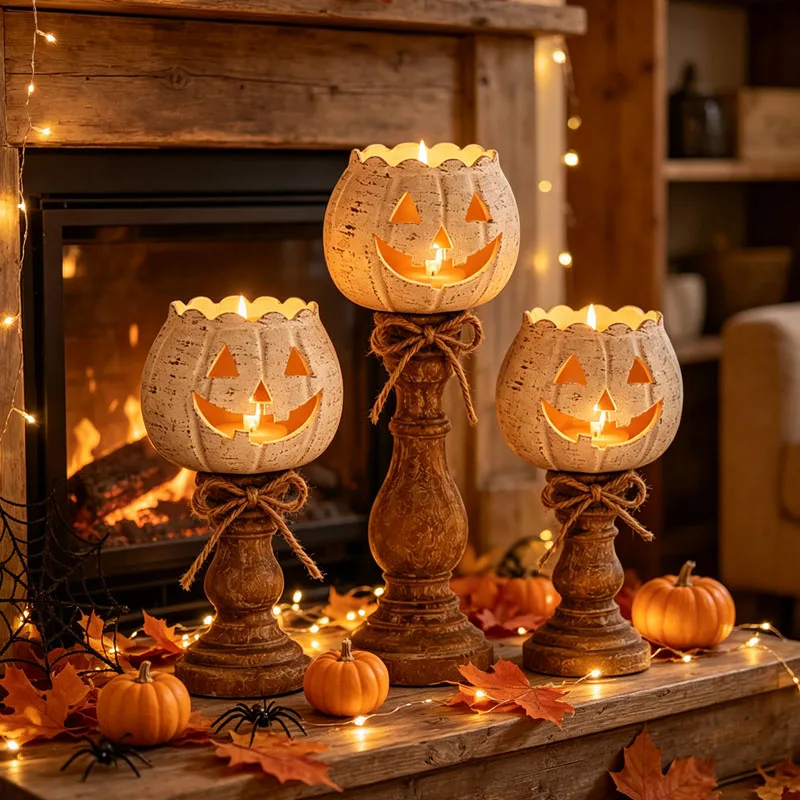 1-4pcs Rustic Lantern Pumpkin Candle Holder Antique Finish Ceramic Tealight Stand for Home Mantel Shelf Party Decoration