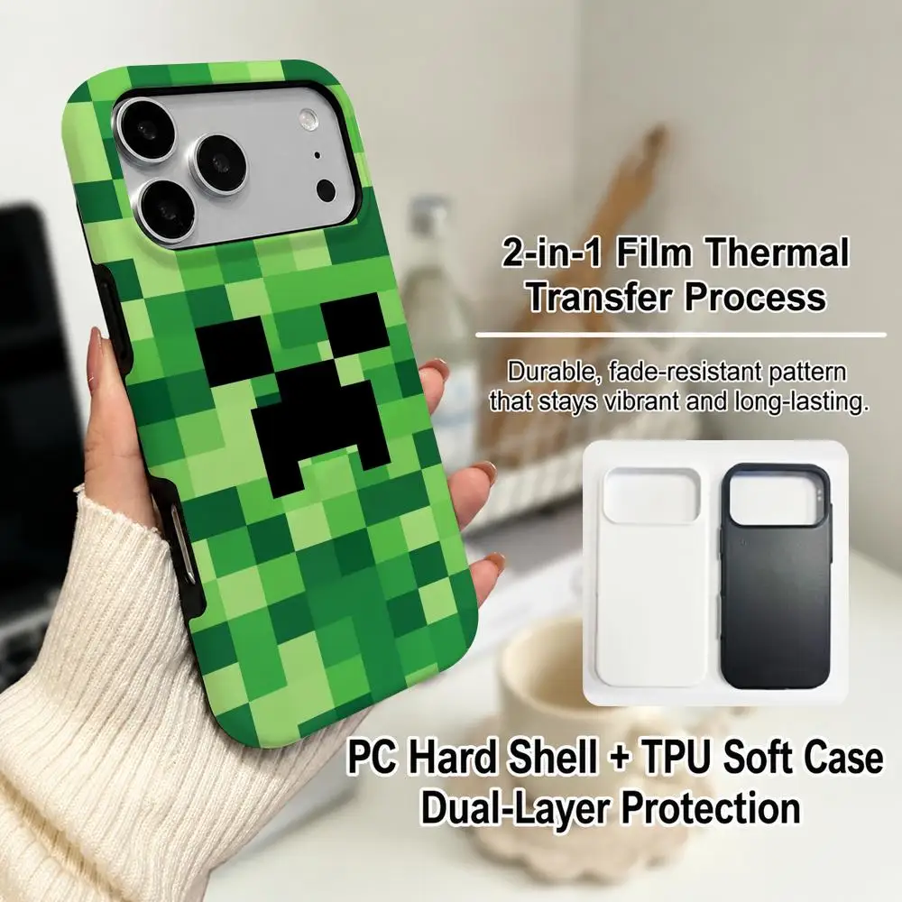 Hot Game Green Pixel Monster Cartoon Phone Case for iPhone 17 16 15 14 13 12 11 X XS XR 7 8 Air Pro Max Plus Double-layer Cover view 3