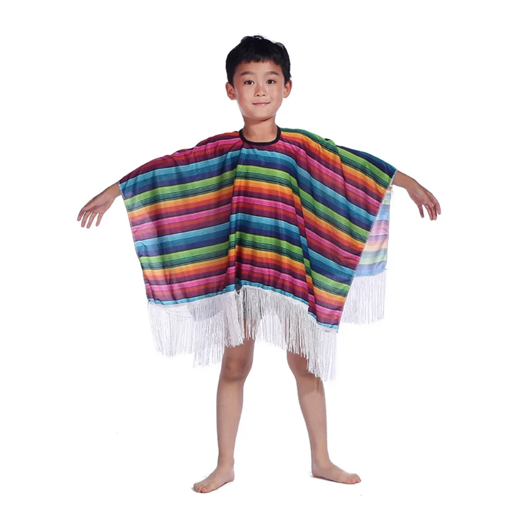 Manto étnico mexicano traje halloween arco-íris listra estilo mexicano capa capa folk cosplay poncho mexicano festa de férias