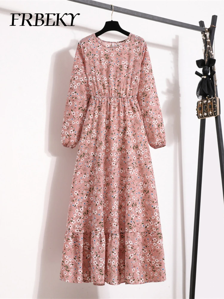 Nowe sukienki wiosna lato okrągły dekolt sukienka kwiatowa elegancki nadruk wysoki stan sukienki plażowe z długim rękawem Vestdos Streetwear