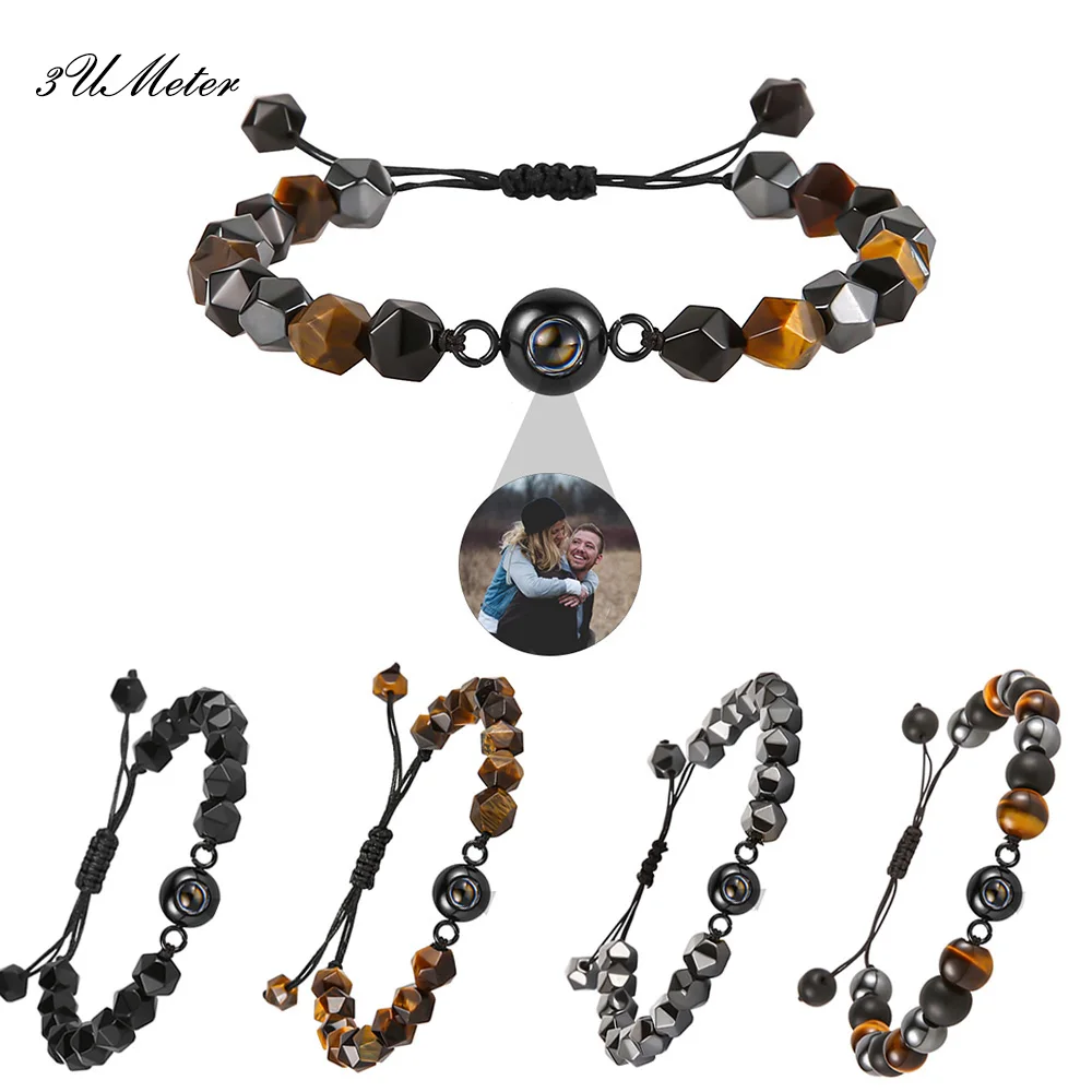 2023 New Personalized Photo Projection Bracelet Handmade Custom Photo Bracelets Natural Tiger Eyes Stone Bracelet Men Jewelry