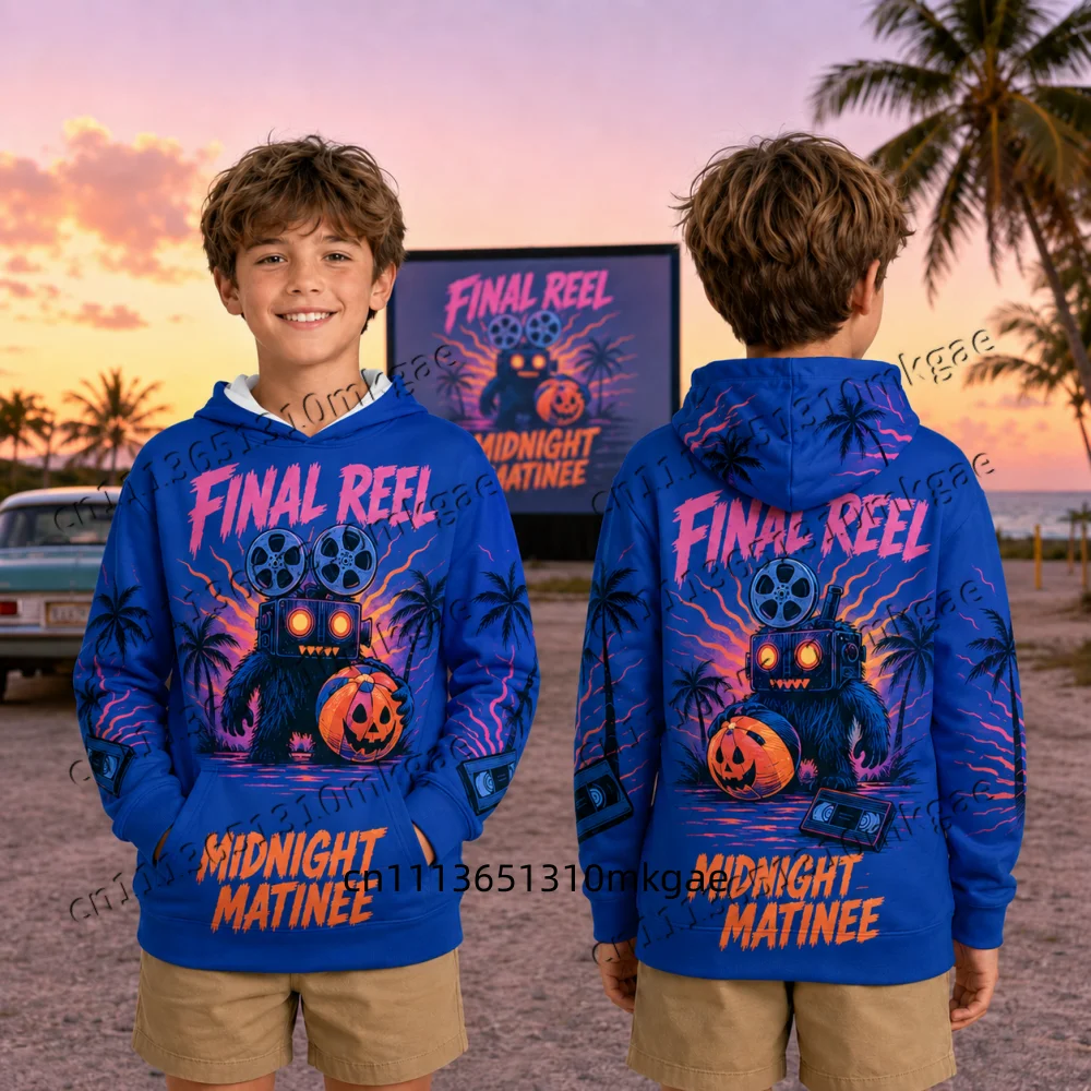 Vintage Sunset Halloween Kids Hoodie Double‑Sided Sweatshirt Monster Mummy Pumpkin Pattern Hooded Pullover Casual Autumn Tops