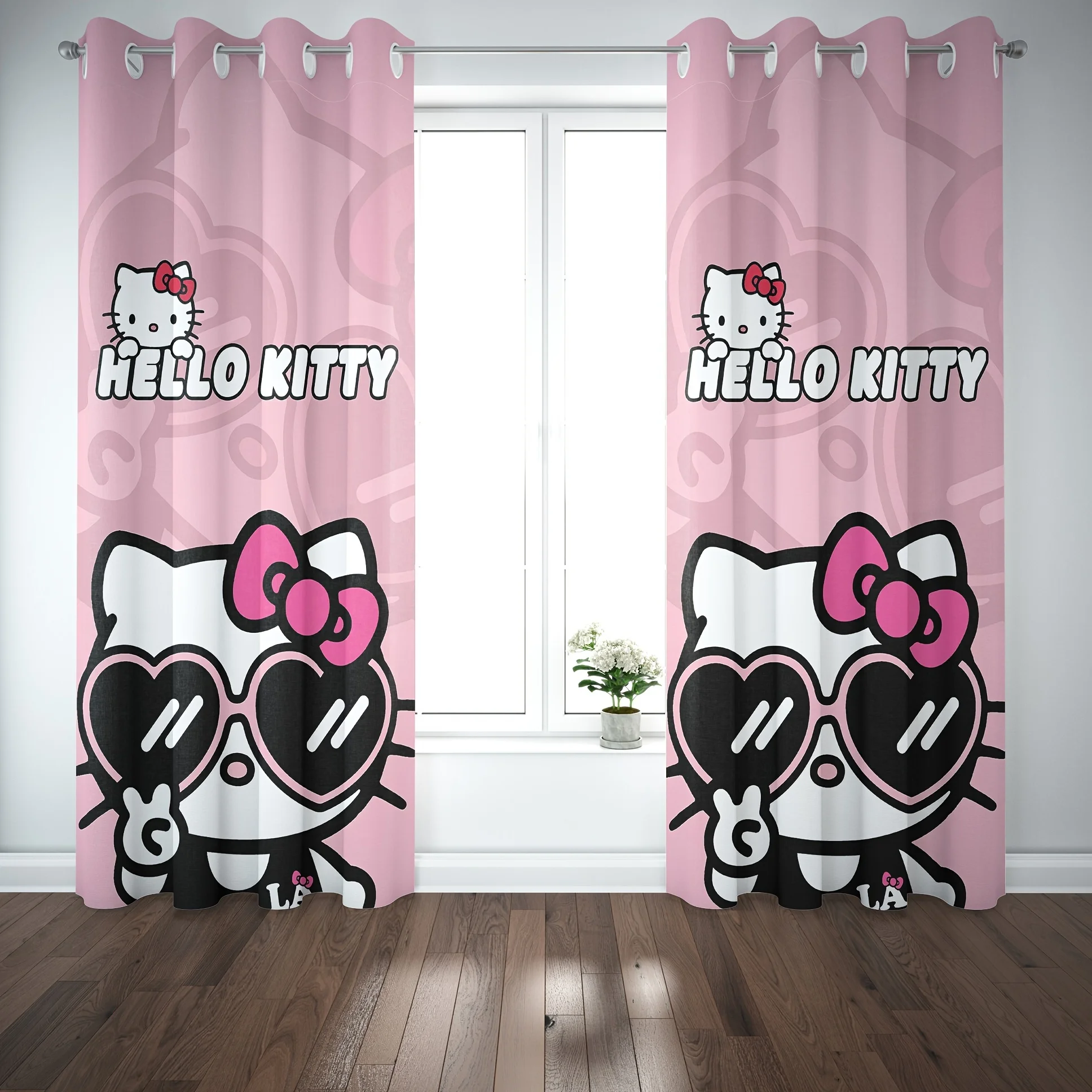 Hello Kitty Blackout ผ้าม่านการ์ตูนซับสําหรับห้องนั่งเล่นตู้เสื้อผ้าผ้าม่านประตูฉนวนกันความร้อน Grommet Room Darkening ผ้าม่าน