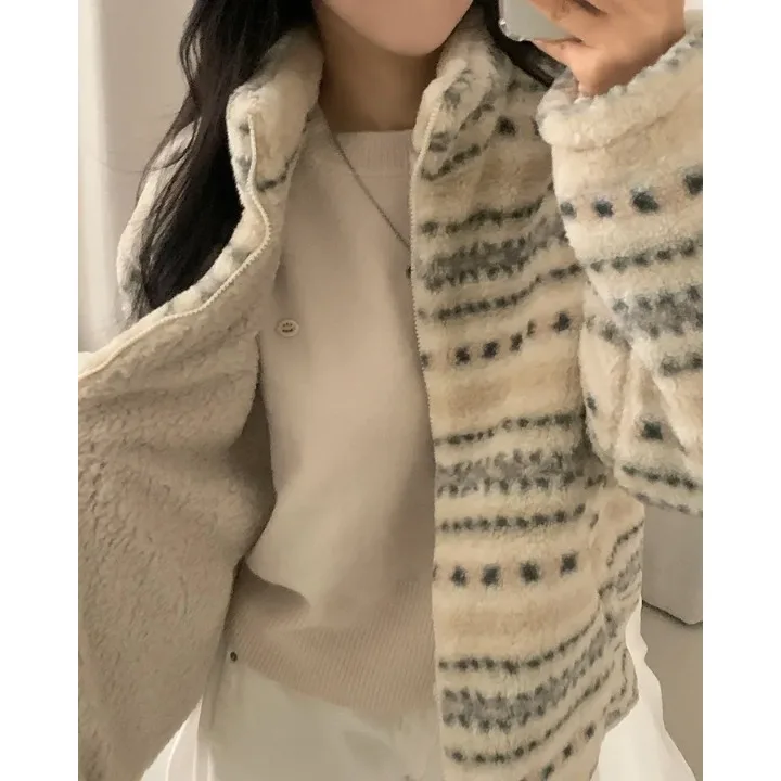 레트로 대비 색상 자수 스탠드 칼라 지퍼 자켓 양털 여성용 시크 디자인 따뜻한 면 외투