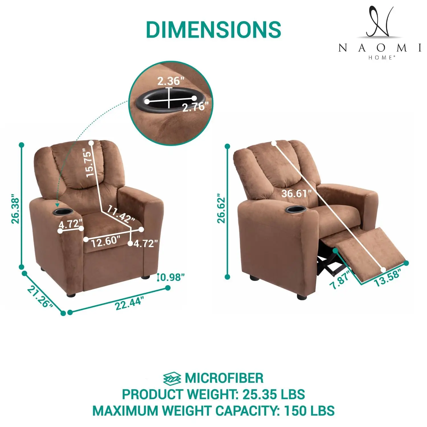 

Kids Recliner Chair Cup Holder Footrest Hardwood 3 Recline 150 lbs Microfiber Toddler, Customized