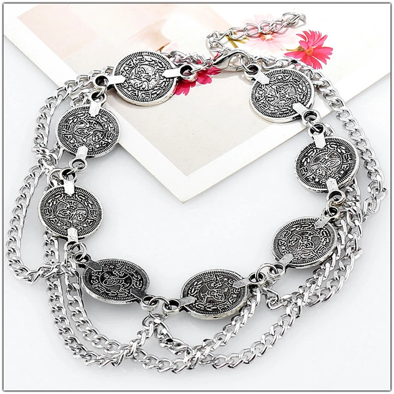 Vintage Silver color Anklets for Women Accessories Coin Charm Tassel Toe Ankle Bracelet Beach Chaine Cheville Femme Foot Jewelry