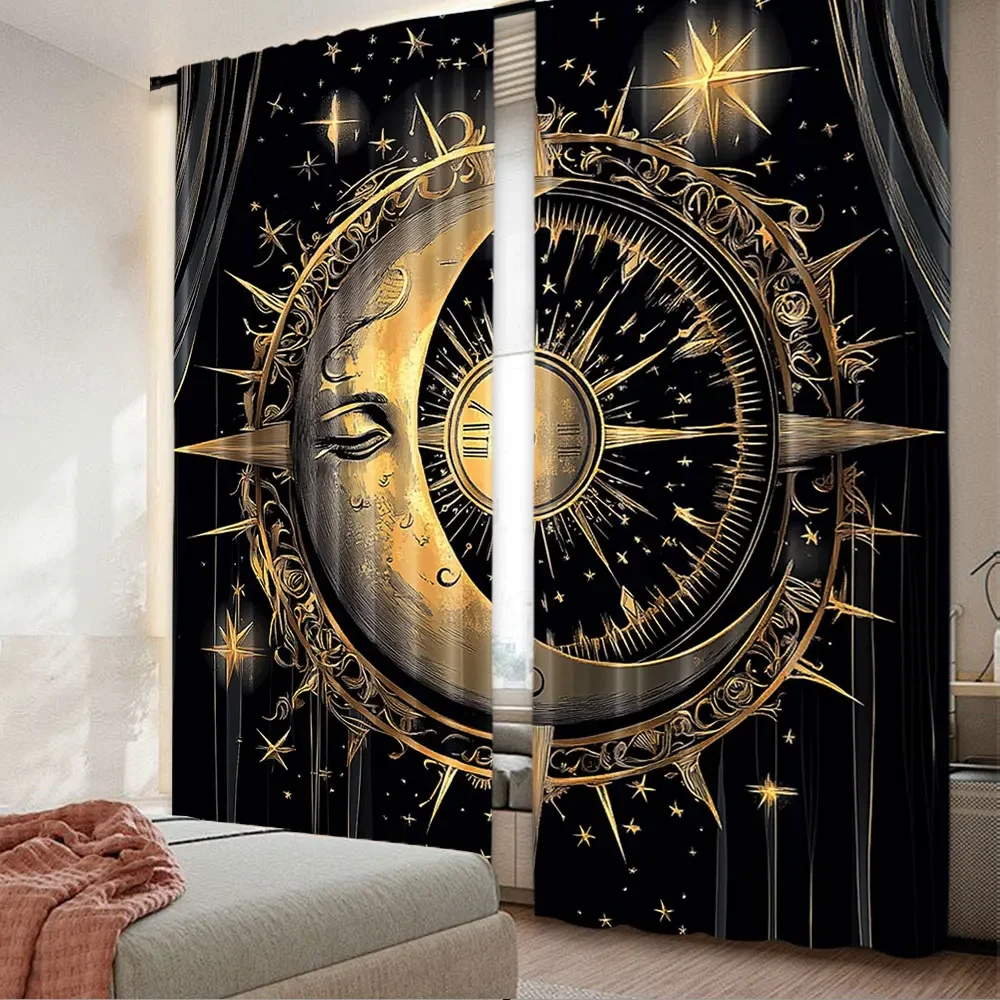 

2 шт., шторы для окон с солнцем и луной, ретро богемные антикварные шторы в стиле хиппи, золотое солнце, полумесяц и звезда, шторы для гостиной, спальни