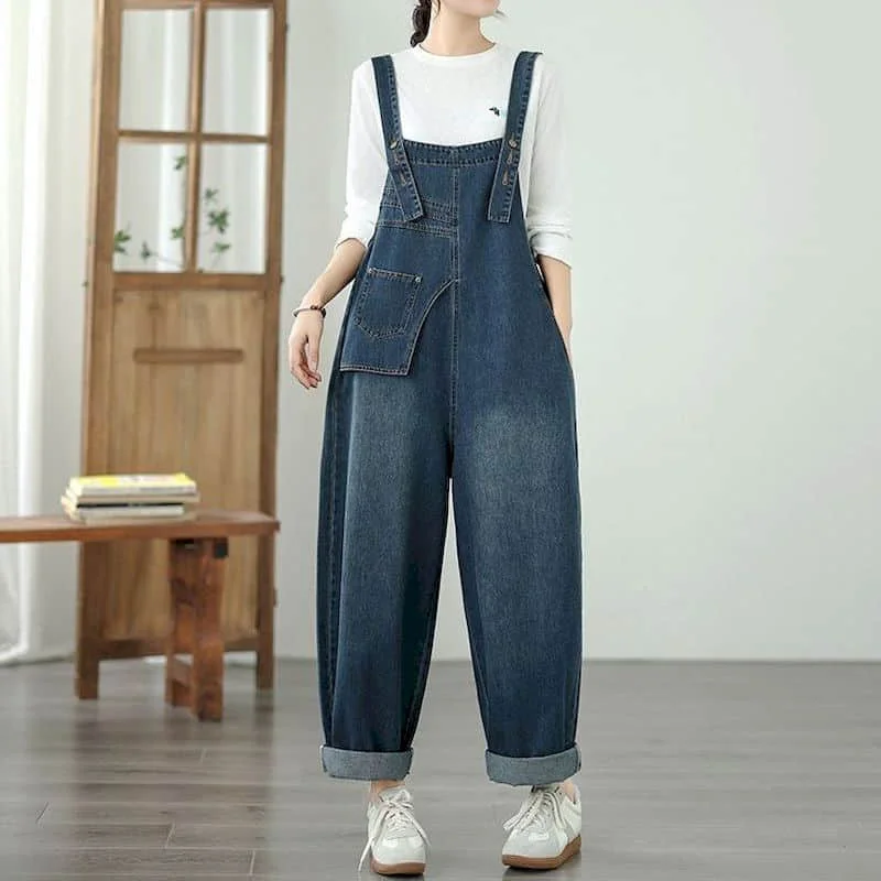 

Solid Jumpsuits for Women Harem Pants Loose Overalls Korean Style Vintage Playsuits Casual Workwear Denim Trousers Women Clothes