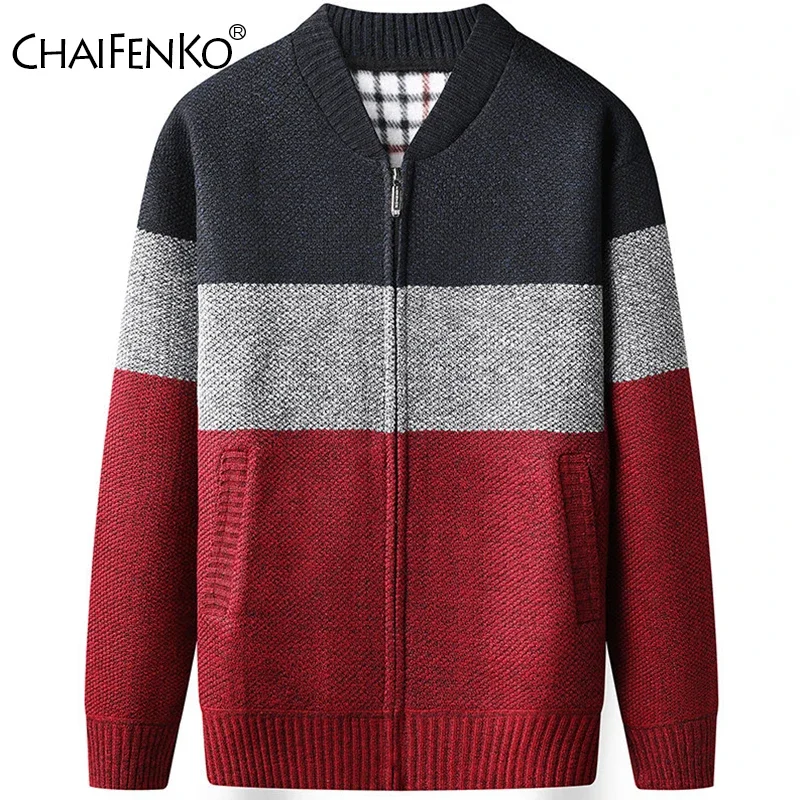 Autumn Winter Men Casual Cardigan Jacket New Fashion Baseball Collar Sweater Outdoors Color Block Fleece Thickening Coat Men