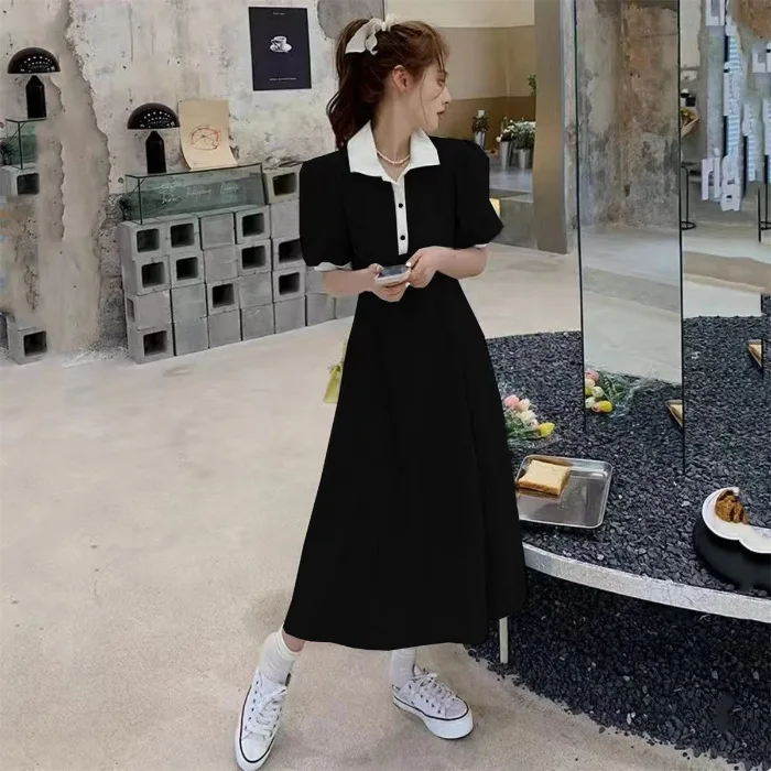 Casual Polo Collar Short Sleeve A-Line Dress Women's Summer Midi Slimming High Waist Polyester Fiber Pure Color Elegant Commu...