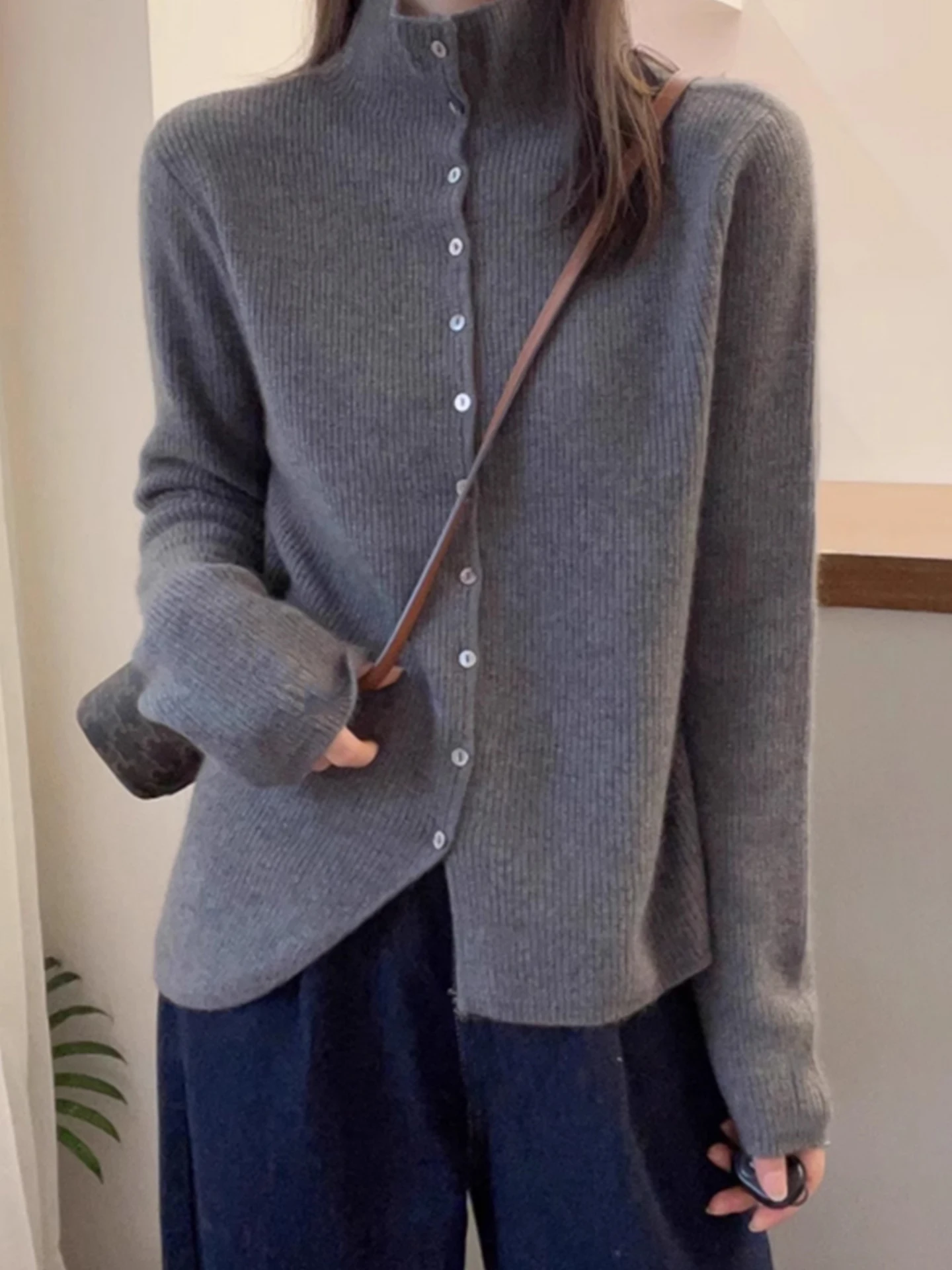 Damski sweter z wysokim kołnierzem, dzianinowy kardigan, długi sweter, modny, jesienno-zimowy, nowy, uniwersalny top.