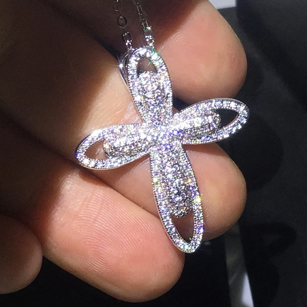 Huitan Luxury Fashion Women Cross Pendant Necklace with CZ Stone Timeless Style Lady's Necklace Accessories Silver Color Jewelry