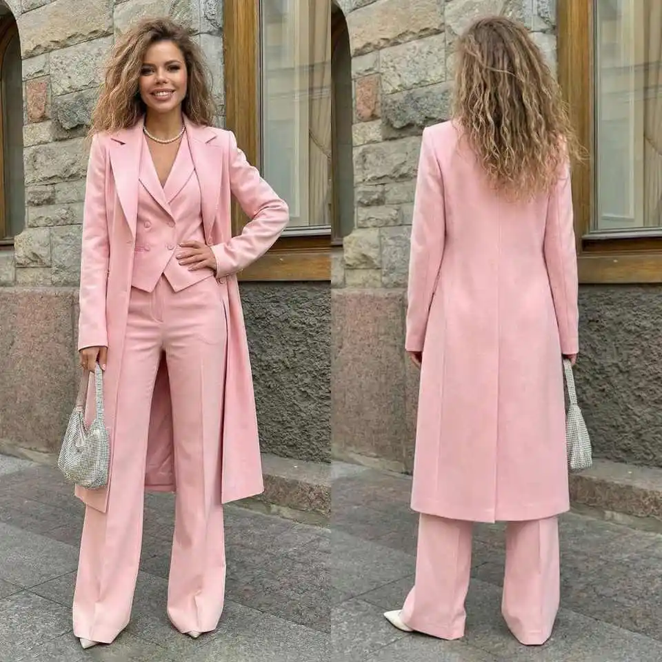 

Elegant Pastel 3-Piece Women's Blazer Set Long Coat Wide-Leg Pants Formal Suit for Fashion Gala Events костюм женский Customized