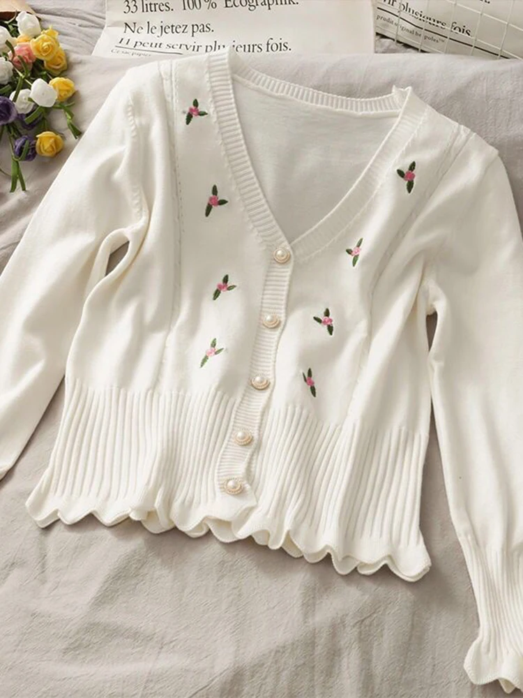 Zoki Embroidery Flowers Women Ruffles Cardigan Elegant Fashion V Neck Knitted Sweater Korean Sweet Long Sleeve Buttons Tops New