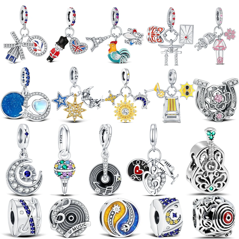 New 925 Sterling Silver Travel & Music Charms Vinyl Record Pendants Fit Original Bracelets DIY Jewelry Making For Women Gifts