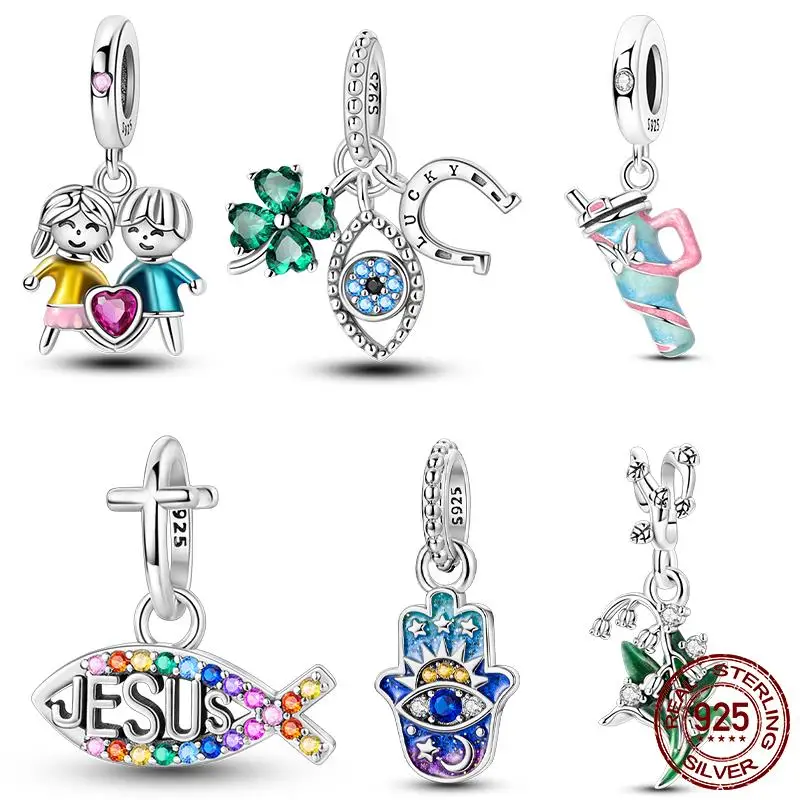 

New 925 Sterling Silver Clover Charms Beads Heart Gemstone Pendant Fit Original Charm Bracelet Women Jewelry Gift
