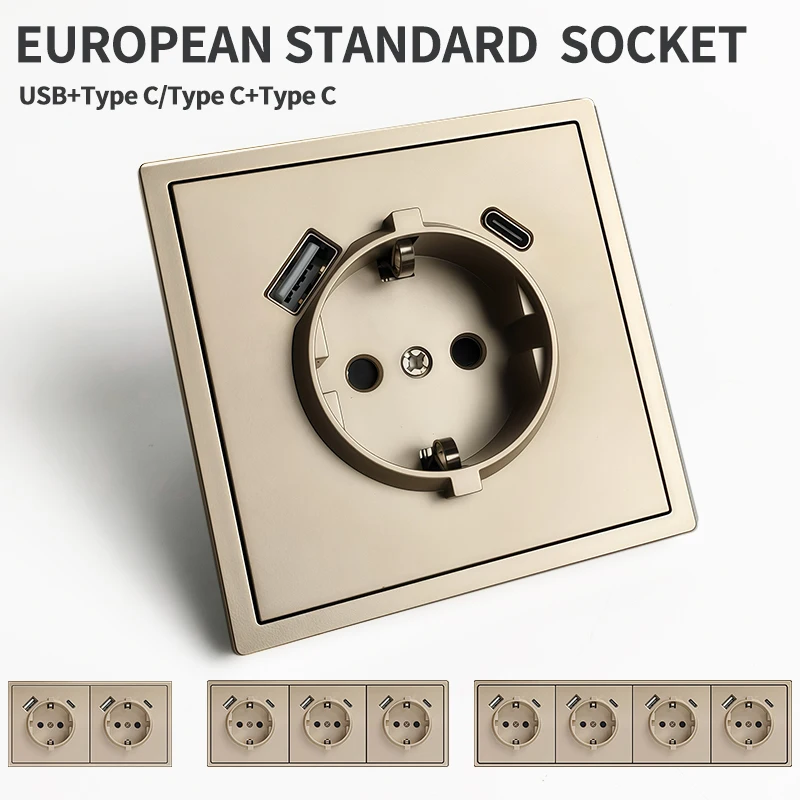 

2 USB Type-C Fast Charging EU Schuko Wall Socket, 80x80mm Modern Design 16A 250V h 1 to 5-gang power outlet for Home Office