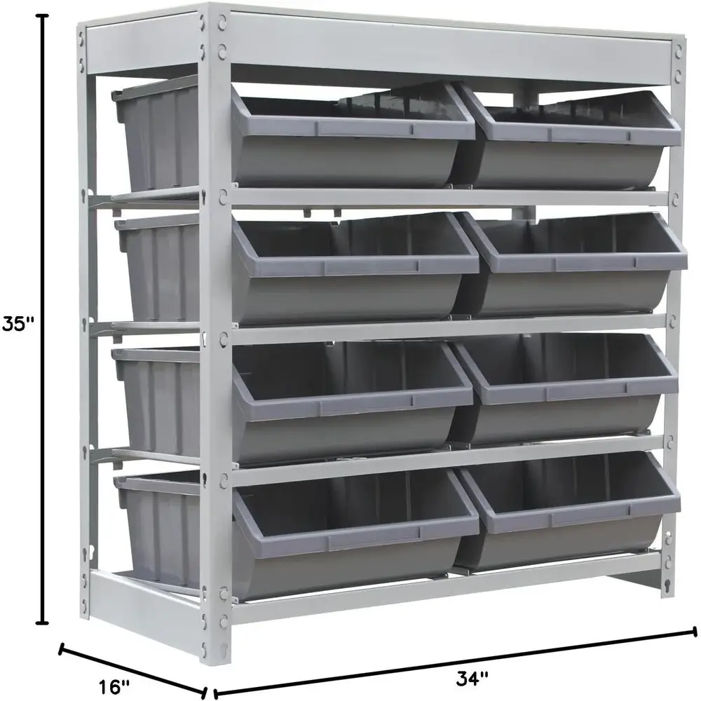 4-Tier Steel Rack with 8 Plastic Storage Bins - King's Organizer System