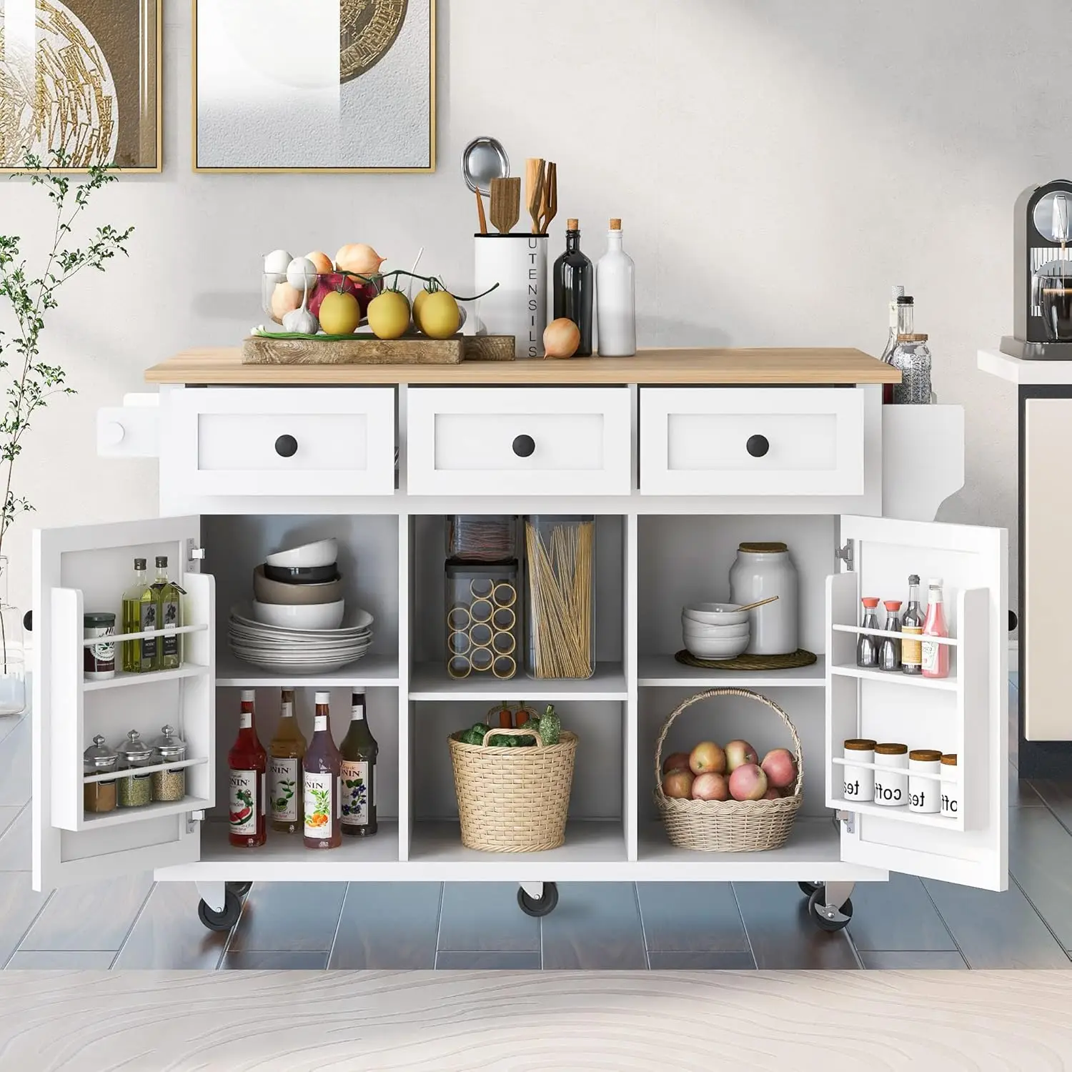 Deciduous Countertop Kitchen Island with Storage Cabinets and Kitchen Trolley with Cabinet Door Storage Shelves