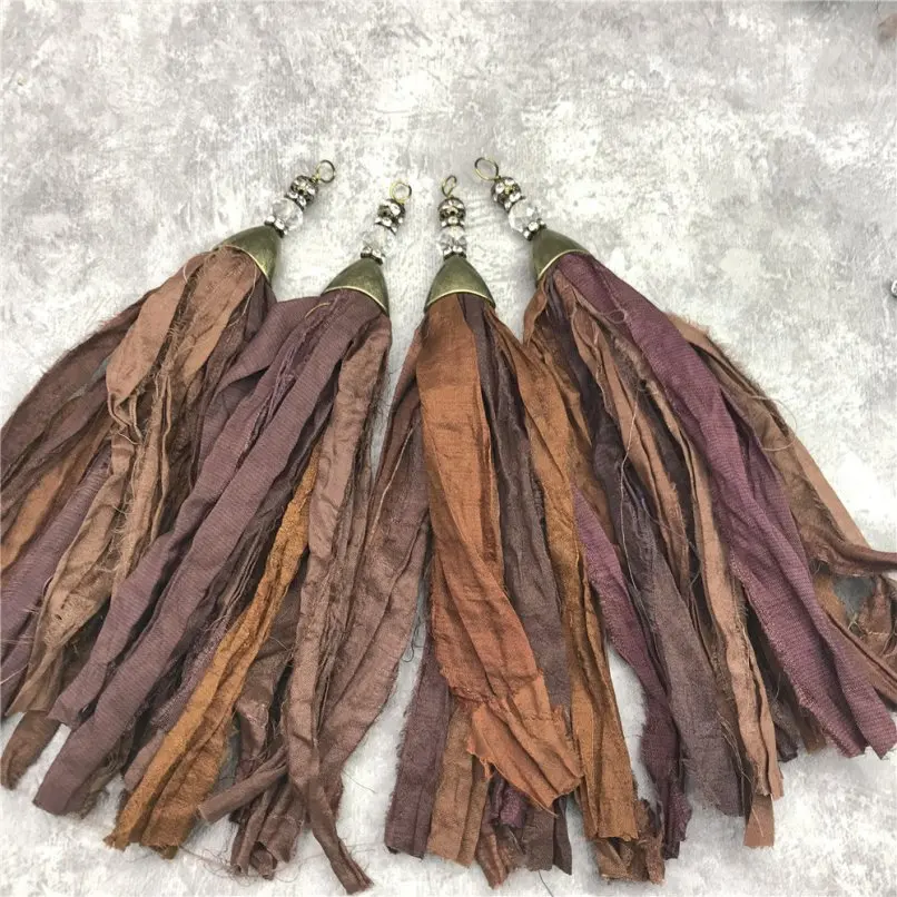 Sari Silk Tassel Pendant for Necklace Taupe Beige Bohemian Style Jewelry for Women Antique Brass Flower Bead Cap
