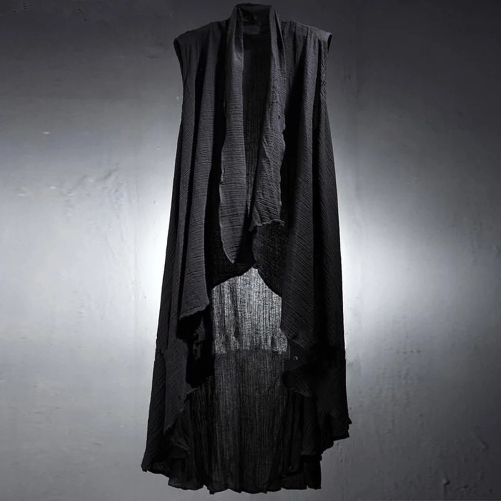 Men's Gothic Long Cardigan Vest Sleeveless Open Front Cloak Irregular Hem Punk Streetwear Lightweight Outerwear 2026 New