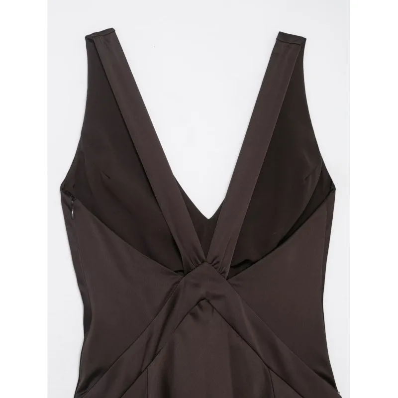 Women Long Satin Dress Spring Summer Sexy Backless Elegant V Neck Wide Straps Women's Dress Lady Flared Hem Dresses