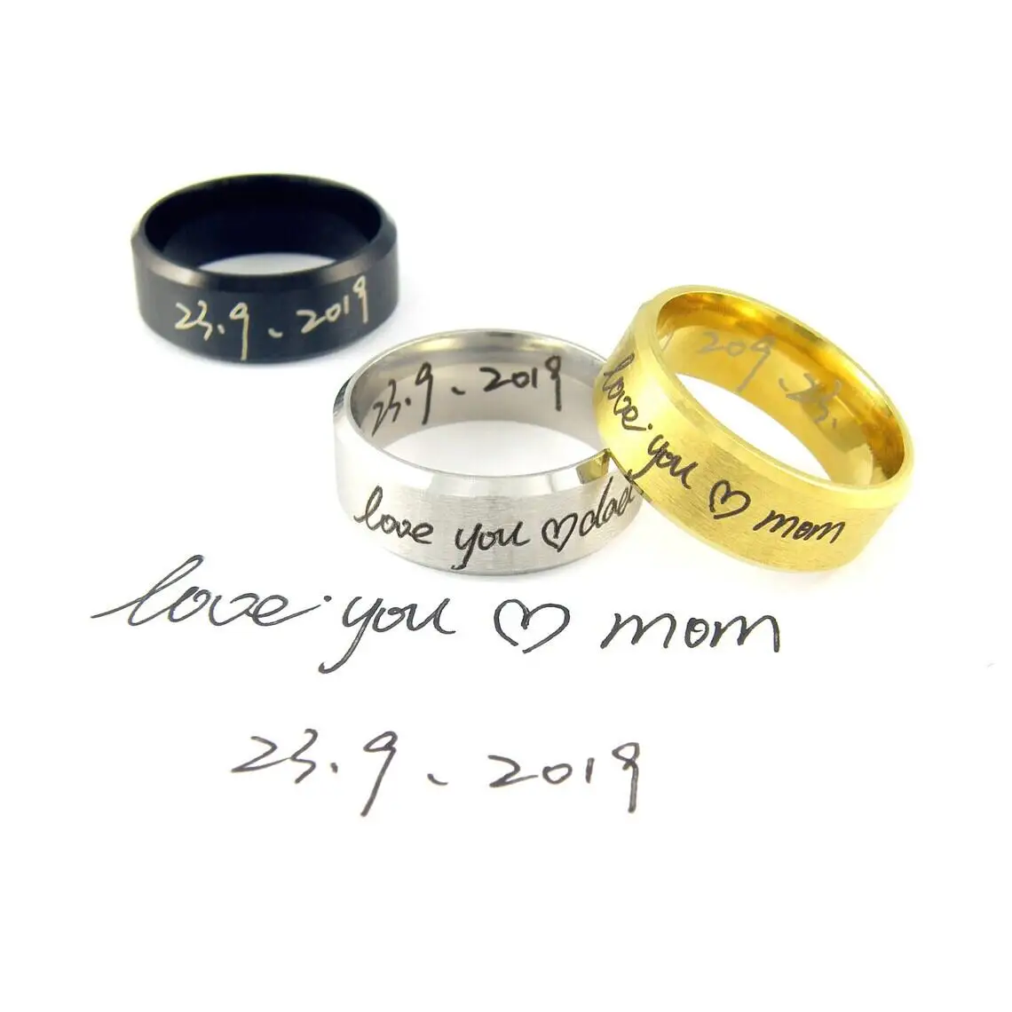 8mm Custom Engrave Name Ring Personalized Handwriting Beveled Edge Titanium Stainless Steel Couple Ring Anniversary Ring Gift