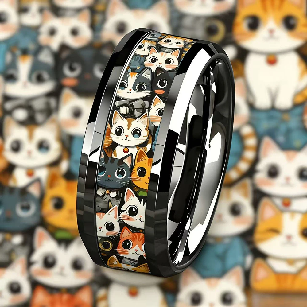 8mm Black Stainless Steel Ring for Men Women Colorful Art Pattern Inlaid Band Ring Animal Music Print Wedding Band Jewelry Gift