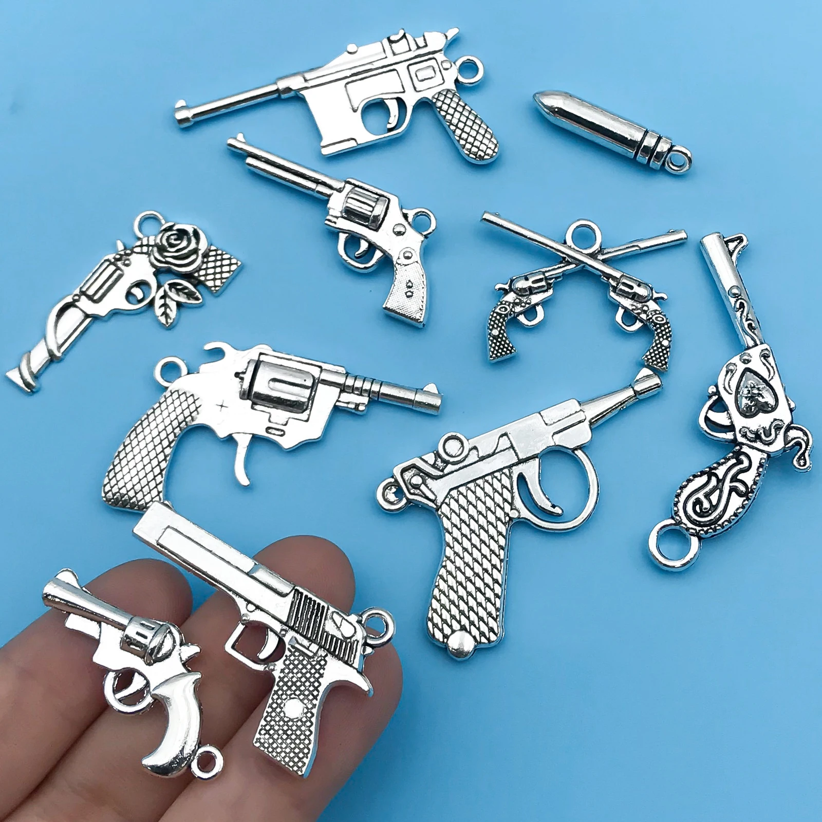 10Pcs/pack Alloy Antique Silvery Unique Gun-Shaped Charms Design Metal Pendants for Jewelry Making Findings Crafting Accessory