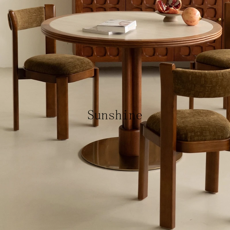 

Medieval travertine rock slab solid wood dining table household small apartment round dining table