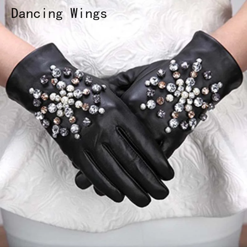 Women's sheepskin gloves shiny diamonds genuine leather gloves female motorcycle driving gloves autumn winter