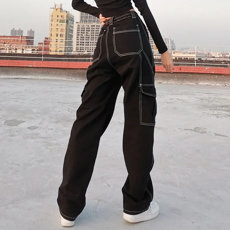 

Casual Black Jeans New Fashion Double Pocket Straight Y2k Aesthestic Hip Jop Style Trendy High Waist Fit Wide Leg Denim Trousers