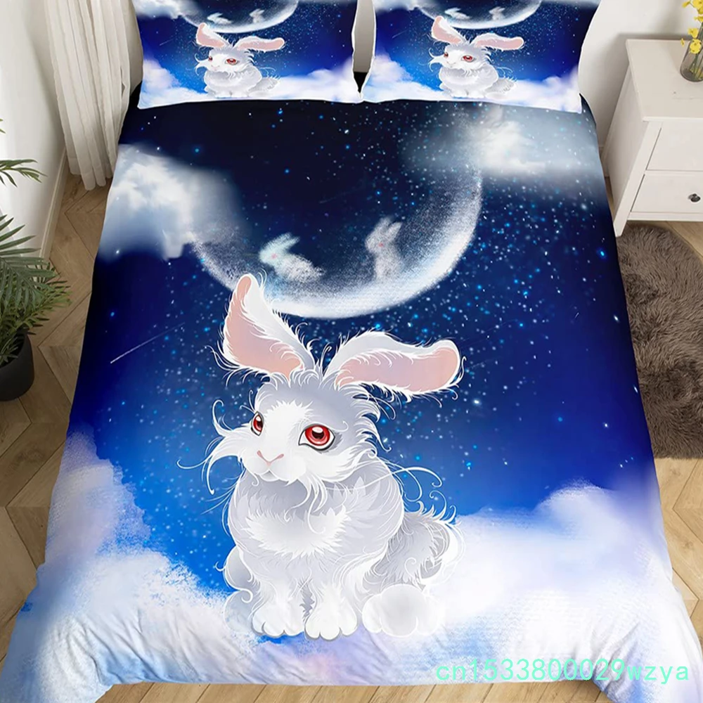 Cartoon Rabbit Duvet Cover Twin Cute Animal On The Moon Quilt Cover Microfiber Cloud Galaxy Space Bedding Set For Boy Girl Gift
