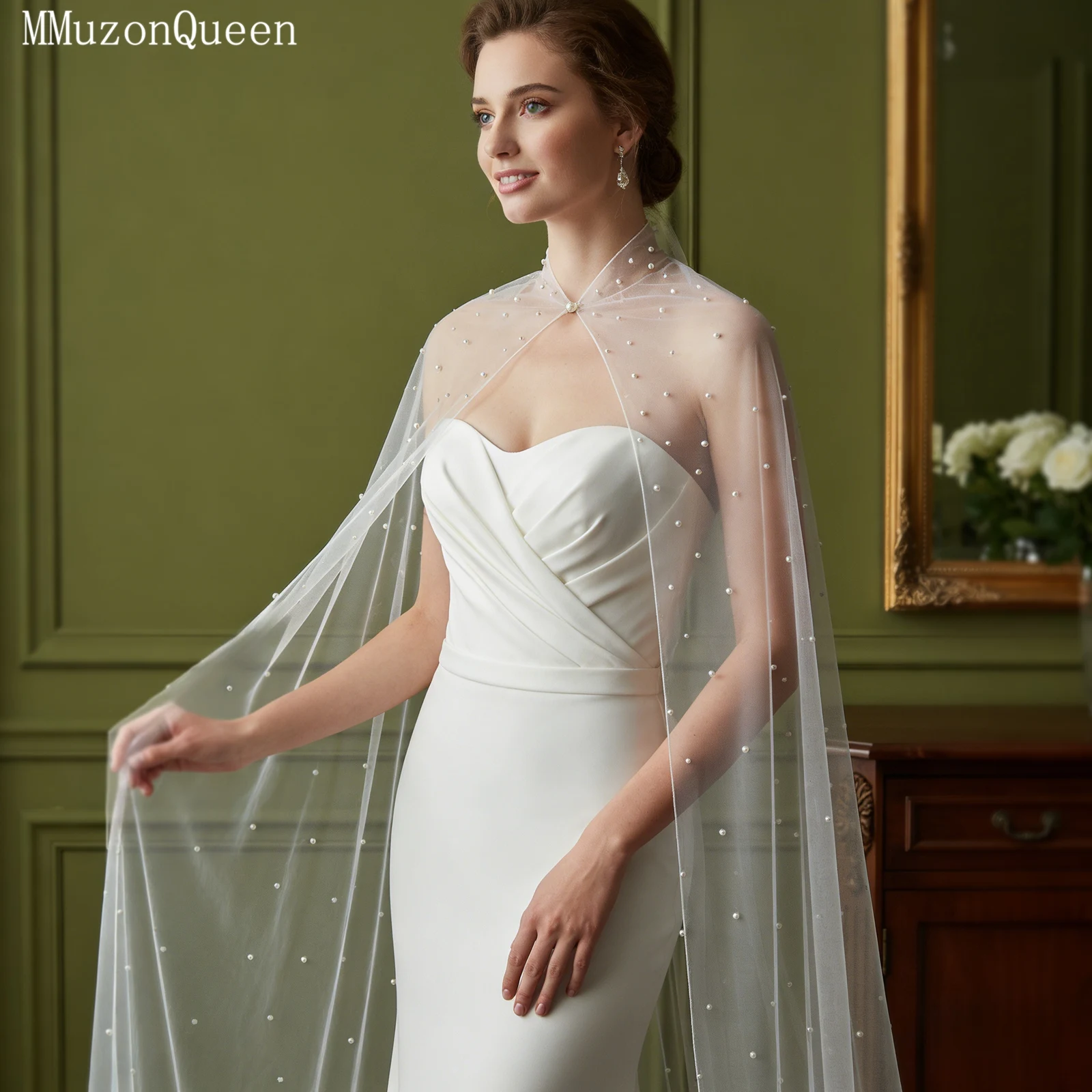 TOPQUEEN VG17A Simple and Fashionable Pearl Style Women's Floor Length Mesh Shawl Suitable for Bridal Wedding Dresses